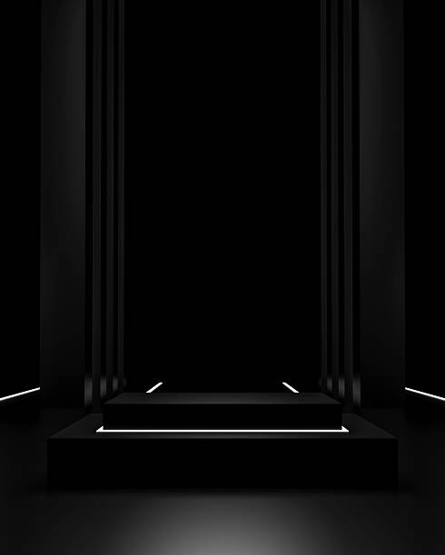 istock Dark futuristic stage with glowing neon lines in minimal black space 2234341549