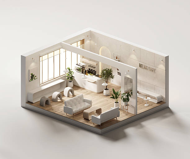 istock Isometric view black and white minimal cafe store interior architecture, 3d rendering digital art. 2234342969