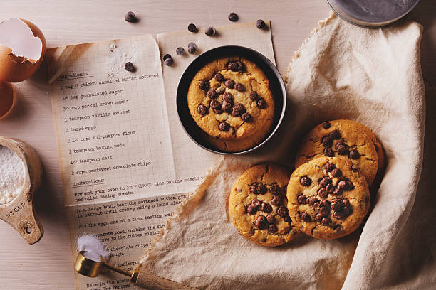 Chocolate chip cookies in a lunch box with recipe and  ingredients