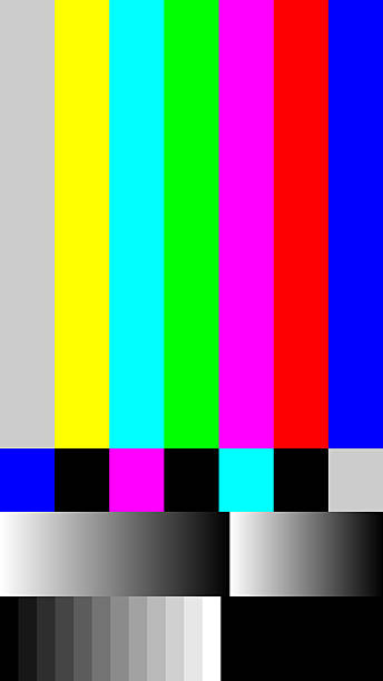 istock Vertical TV loses signal, TV screen test. Colorful TV test screen with vertical stripes. Classic retro broadcast signal illustration for television, media, error, glitch and vintage design. 2234344004