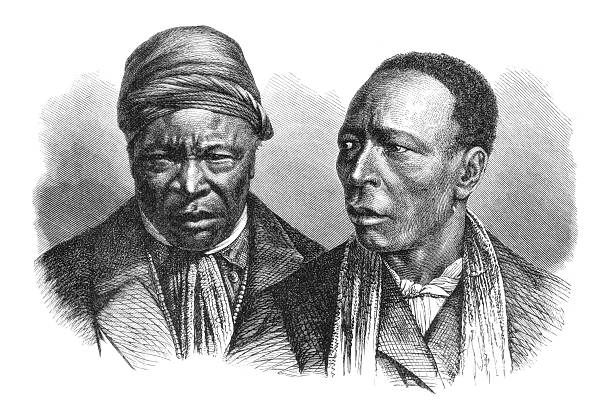 Portrait of two Herero tribe chiefs wearing European-style suits, showcasing their facial features, dignified expressions, and cultural adaptation during the colonial era in Namibia, old vintage illustration, 1899.