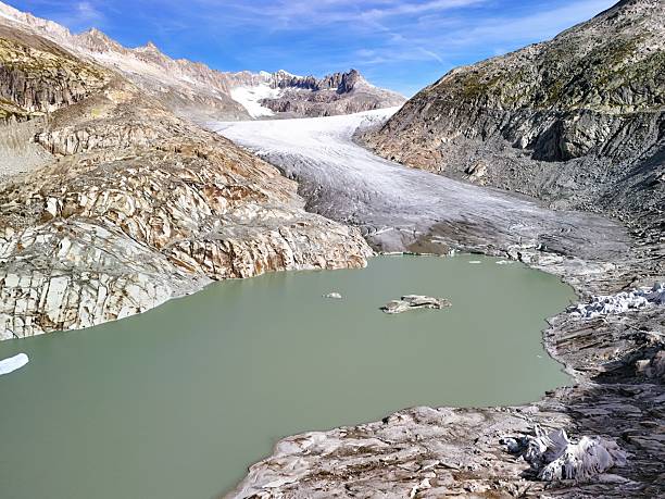 Aerial view of the Rhone Glacier in the Swiss Alps, captured by drone. The image features a dramatic alpine landscape with a glacial lake, rugged mountains, icy glacier, and a visible waterfall under a clear blue sky — ideal for themes of nature, climate change, and travel.