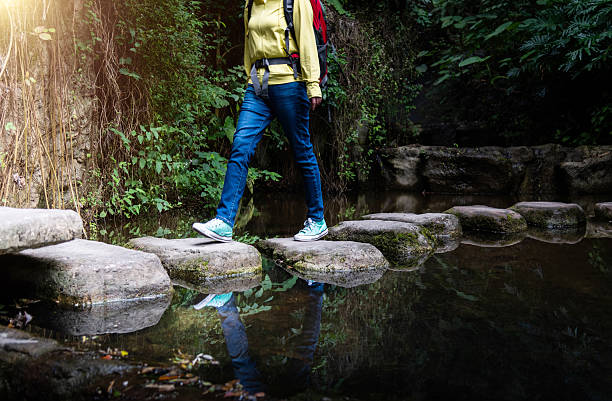 istock Female backpacker walking on stepping stones 2234351797