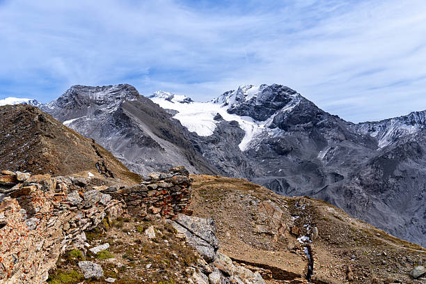 Panoramic view of the Stelvio Pass in the Italian Alps, where a preserved World War I stone trench winds across the rocky ridge in the foreground. Behind it rise dramatic grey peaks and a glacier, creating a striking contrast between history and untouched mountain wilderness under a clear blue sky.
