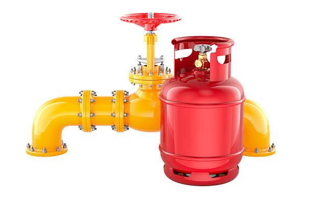 Gas cylinder, yellow pipes and valve. 3D rendering isolated on white background