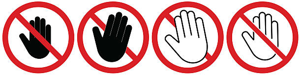 Set of prohibition safety icons featuring stop hand symbols inside red circles with diagonal lines. Variations include solid black hand, outlined hand, and white hand versions. Commonly used for restricted areas, workplace safety, access control, and hazard prevention in industrial, construction, and public environments.
