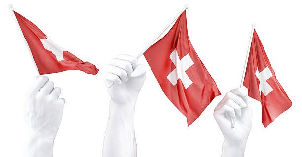Close-up, detail view of an official diplomatic sign for a Swiss Consulate mounted on a dark grey wooden exterior wall. The sign features the national Coat of Arms of Switzerland, a prominent white Greek cross displayed on a red shield background, glossy and slightly convex. Above the central emblem, capital red letters spell \
