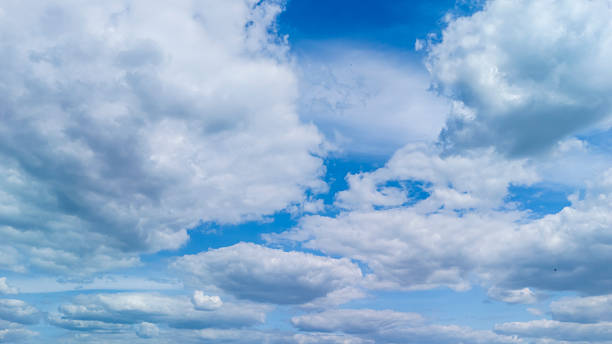 A beautiful cloudscape captures the serene sky filled with bright white clouds against a vibrant blue backdrop. Ideal for nature and weather-themed projects.