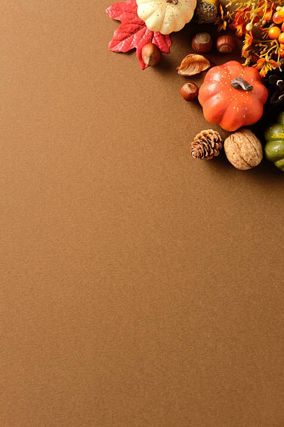 istock Autumn flat lay composition with pumpkins, walnut, acorns, fall leaves on vertical brown background. 2234370619
