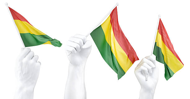 Hand holding flag of Bolivia. Isolated 3d Rendering.