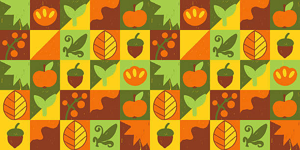 Seamless autumn patchwork pattern with apples, acorns, berries, and leaves in warm seasonal colors. Rustic harvest theme perfect for textile, packaging, wrapping paper, and cozy fall backgrounds.