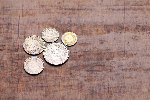 Various Swiss franc coins on a wooden background