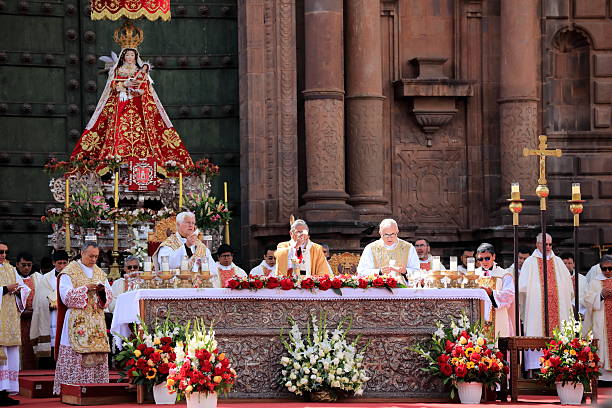 Cusco, Peru - Jun 19, 2025: The solemn Mass on the day of Corpus Christi, in front of Cusco Cathedral next to the Plaza de Armas of Cusco city, Peru.
