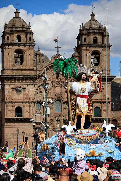 Cusco, Cusco Province / Peru - Jun 19, 2025: The holy statues displayed in the Corpus Christi procession in the Plaza de Armas of Cusco city, Peru.