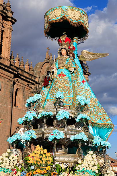 Cusco, Cusco Province / Peru - Jun 19, 2025: The holy statues displayed in the Corpus Christi procession in the Plaza de Armas of Cusco city, Peru.