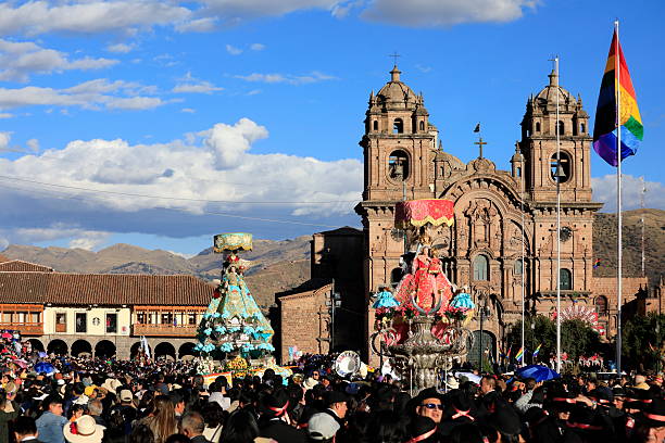 Cusco, Cusco Province / Peru - Jun 19, 2025: The holy statues displayed in the Corpus Christi procession in the Plaza de Armas of Cusco city, Peru.