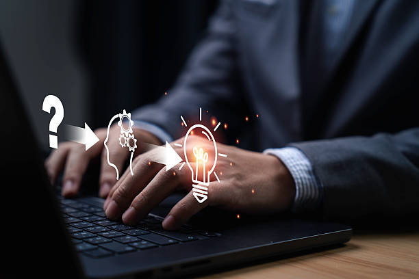 istock Businessman using laptop with icon from questioning to understanding and finally achieving an idea. It symbolizes the process of thought and innovation, highlighting creativity and problem-solving. 2234389849