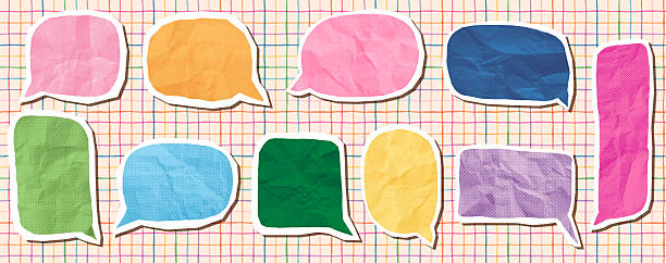 Colorful vector crumpled paper comic speech bubbles, cute empty text box stickers for children designs
