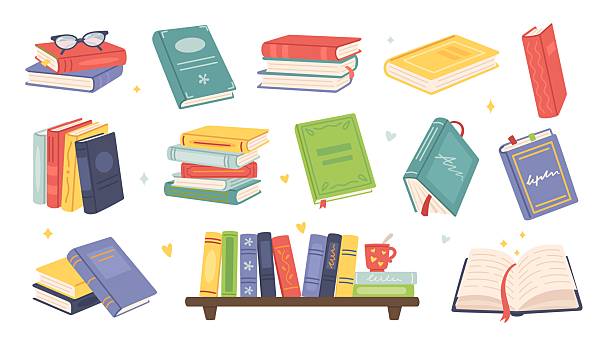 Cartoon book. Open handbook and textbook with cover, education publication. Paper retro encyclopedia, school literature. Flat notebook template. Vector isolated set.