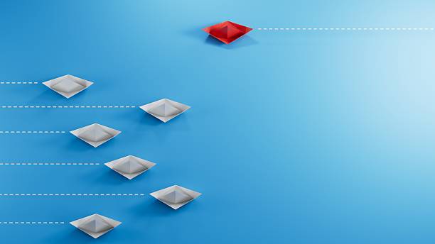 istock Red paper boat flying different way,think different concept.new ideas. paper art style. creative idea.3D rendering on blue background. 2234406924