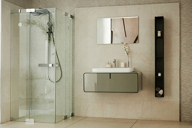 istock Modern Bathroom Interior Featuring Glass Shower and Minimalist Sink Area 2234428846