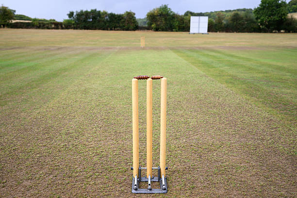 istock Cricket wickets on an open field ready for a game 2234429302
