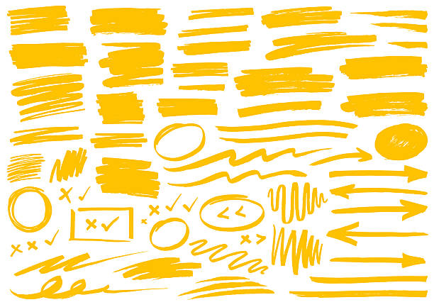 stockillustraties, clipart, cartoons en iconen met scribbles, lines, arrows, circles and ovals hand drawn yellow marker pen scribbles - viltstift