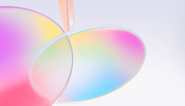 istock Abstract 3d background with rainbow glass circle discs flying in air. Crystal light holographic round disks, color plastic translucent plates with bright neon gradient and blur effect 2234439983
