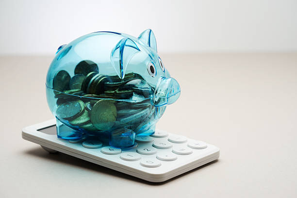 blue piggybank and white calculator against white background