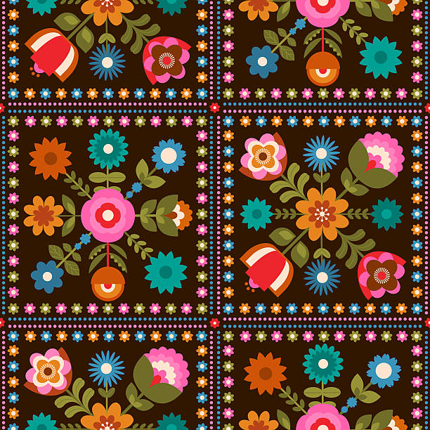folksy blooms flowers in leafy squares on dark brown background seamless pattern, vector illustration repeat design print