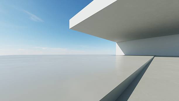 istock 3d illustration of abstract modern architecture background, Minimal geometry architectural design, Car presentation backdrop with empty concrete floor, Geometric white blocks building design 2234448677