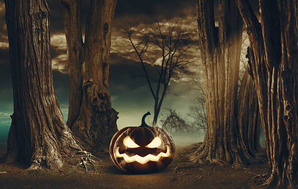 istock Spooky Halloween pumpkin in the dark forest 2234450442
