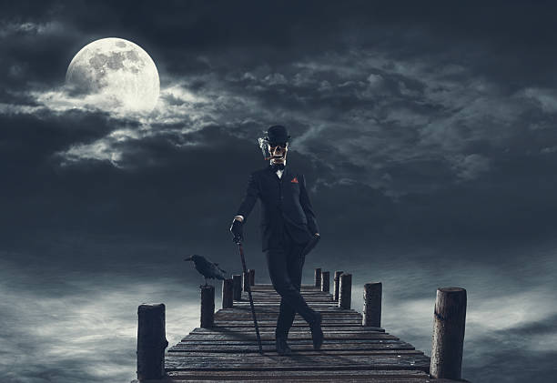 Creepy evil monster standing on a wooden deck and full moon in the sky, Halloween and horror concept