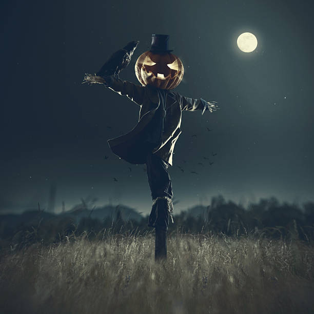 Creepy Halloween scarecrow with pumpkin head and a crow on the shoulder in the fields at night, horror and fantasy concept