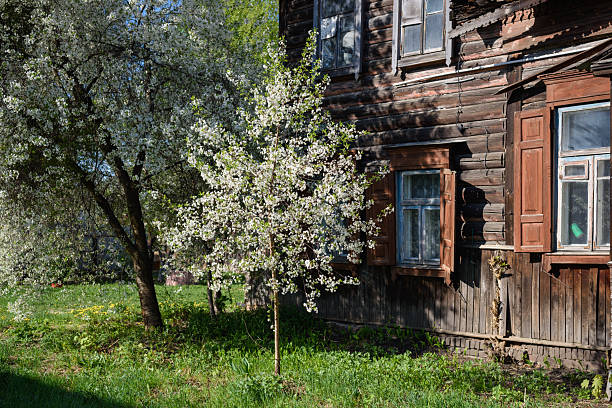 istock Blooming Trees and Rustic Wooden House in Spring – Horizontal Countryside Scene 2234450789