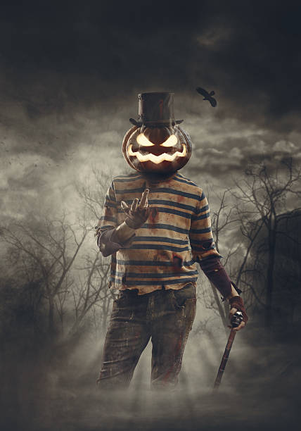 Creepy horror Halloween pumpkin head monster smiling surrounded by fog, poster with copy space