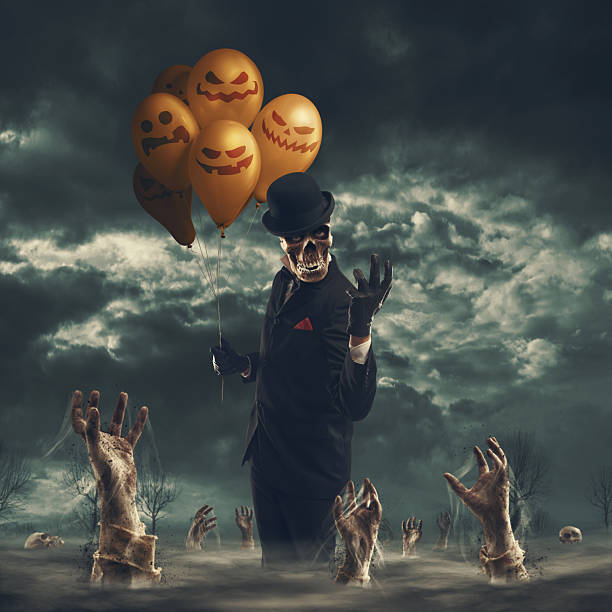 Scary elegant skeleton character and zombie hands rising in the night: horror and Halloween background
