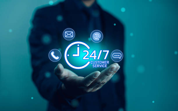 istock Modern 24/7 customer service support concept with digital communication icons, business technology, call center assistance, and online help desk for global clients in corporate background. 2234451559