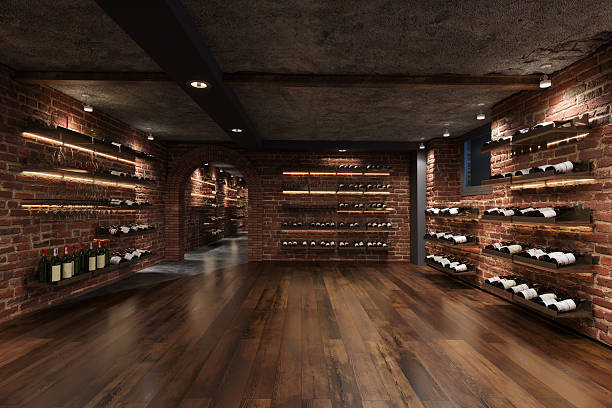 istock Modern Wine Cellar with Wooden Shelves and Brick Walls 2234452310