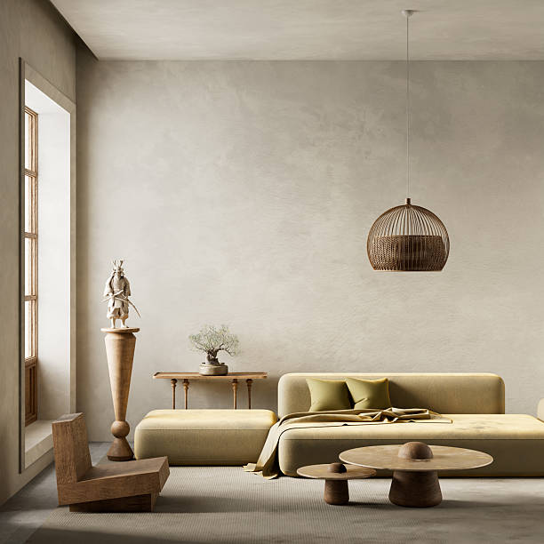istock Warm Japandi living room interior design. 3D illustration 2234453976