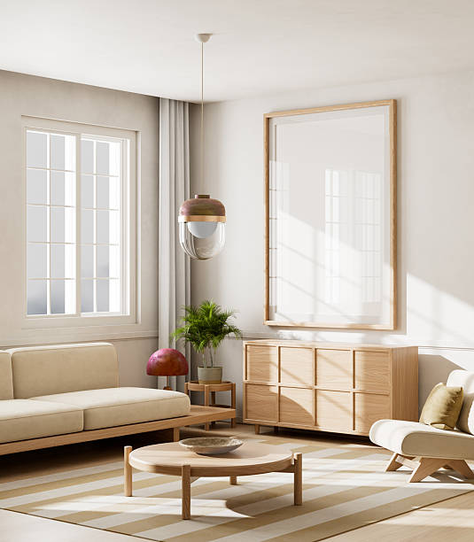 istock Modern minimalist interior living room with neutral decor and mock up poster frame. 3D illustration 2234454012