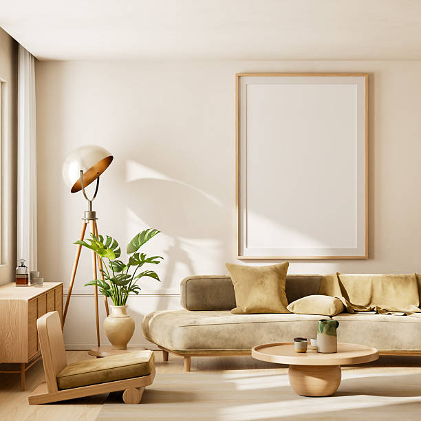 istock Scandinavian interior with mock up poster frame and minimalist elegance. 3D illustration 2234454014