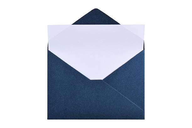 Opened dark blue paper envelope with paper sheet isolated on white background