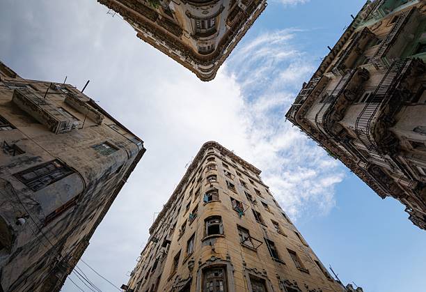 A low-angle shot of old Havana buildings with a blue sky