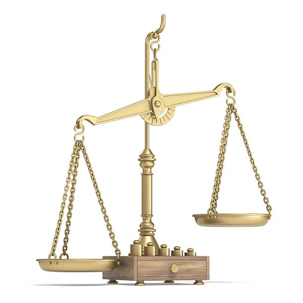 Vintage golden scale Side imbalance view with weights 3D rendering illustration isolated on white background