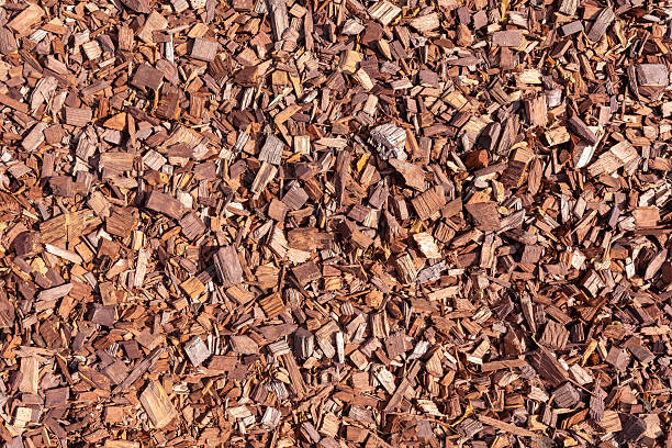 Wood chips of various sizes on the surface of a playground in a public park for a soft surface for safety. Backgrounds