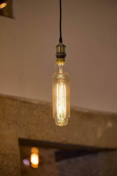 Vintage tubular filament light bulb glowing.