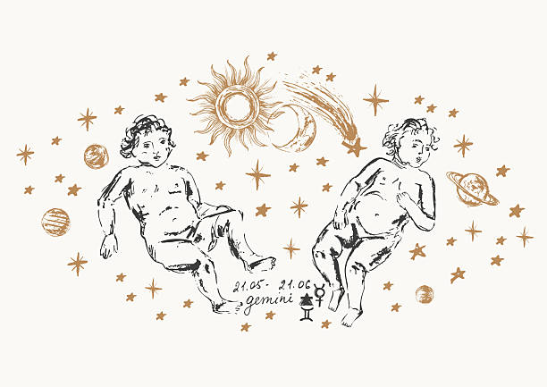 Hand drawn gemini zodiac sign illustration, horoscope background with sun, moon, stars, comet.