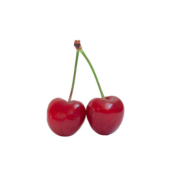 istock Two bright red cherries with green stems isolated on white background 2234471096