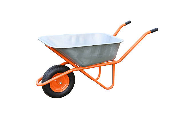 istock New one-wheeled metal wheelbarrow with orange frame isolated on white background. 2234472942